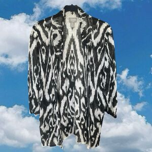 CHICO'S Travelers Linen Blend Size 2 (Large) Open Cardigan Sweater Black White